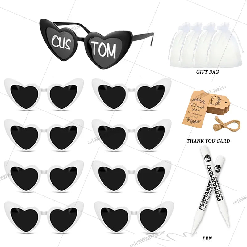 Gafas de corazón personalizables para boda y despedida de soltera con rotuladores DIY, perfectas como regalo para invitados y photocall.