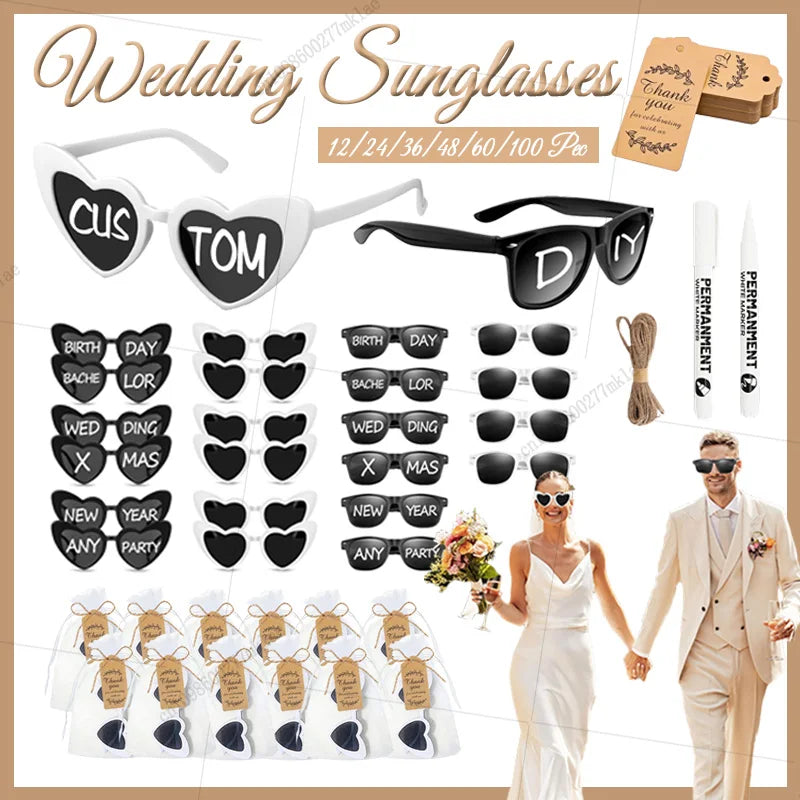 Gafas de corazón personalizables para boda y despedida de soltera con rotuladores DIY, perfectas como regalo para invitados y photocall.