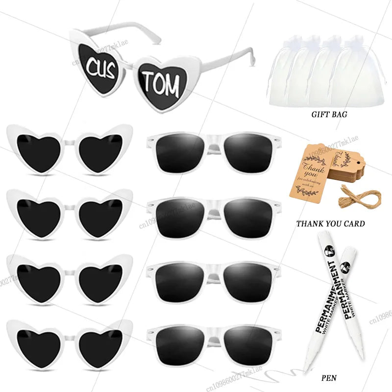 Gafas de corazón personalizables para boda y despedida de soltera con rotuladores DIY, perfectas como regalo para invitados y photocall.