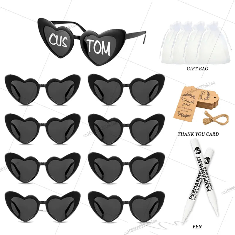 Gafas de corazón personalizables para boda y despedida de soltera con rotuladores DIY, perfectas como regalo para invitados y photocall.