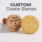Sello de galletas personalizado de madera con cortador doble cara para crear galletas decoradas con nombres, logotipos o diseños únicos.