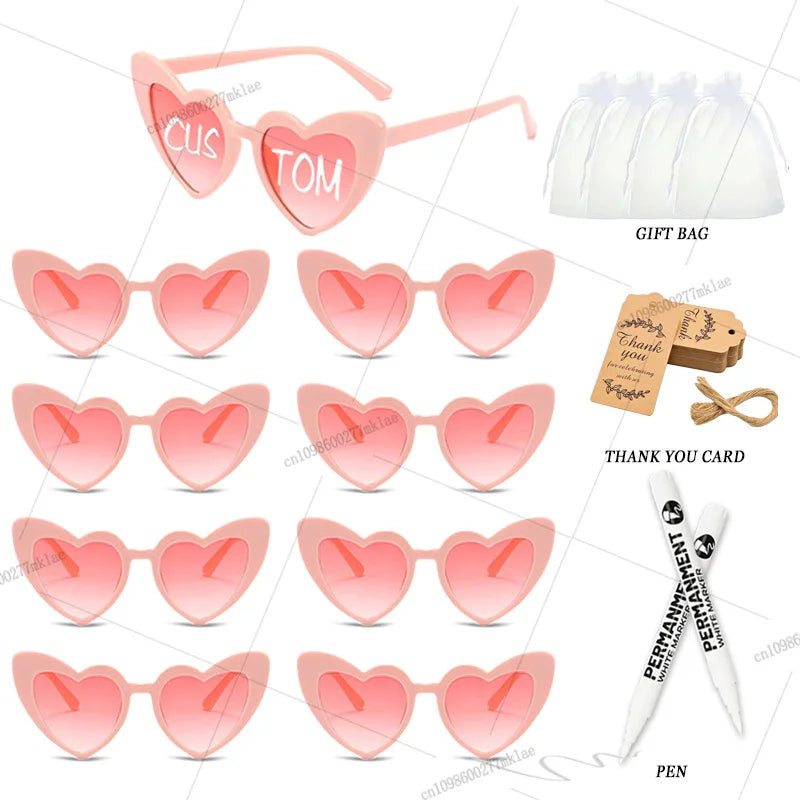 Gafas de corazón personalizables para boda y despedida de soltera con rotuladores DIY, perfectas como regalo para invitados y photocall.