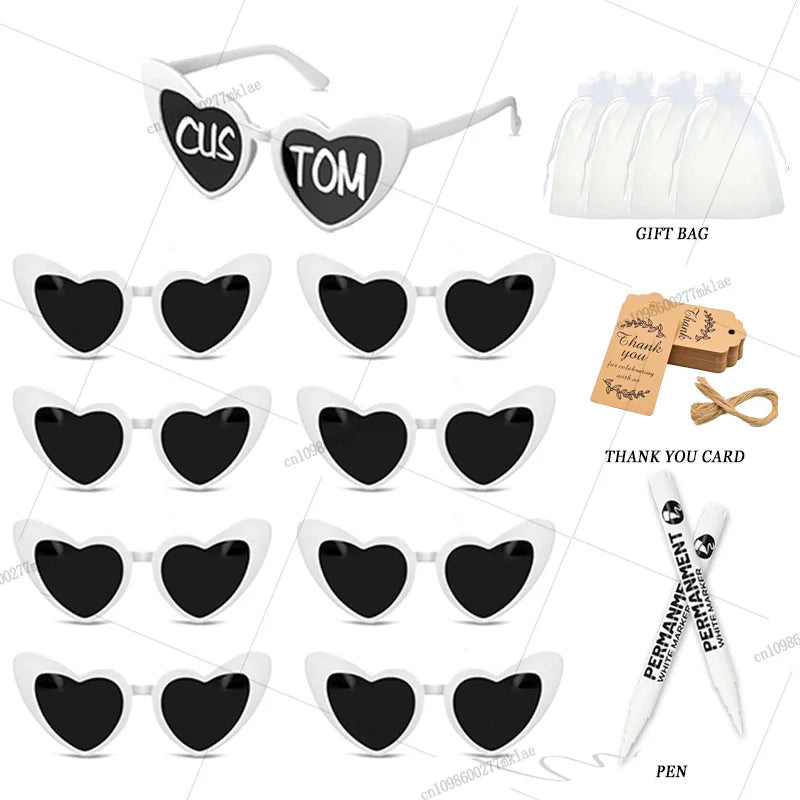 Gafas de corazón personalizables para boda y despedida de soltera con rotuladores DIY, perfectas como regalo para invitados y photocall.