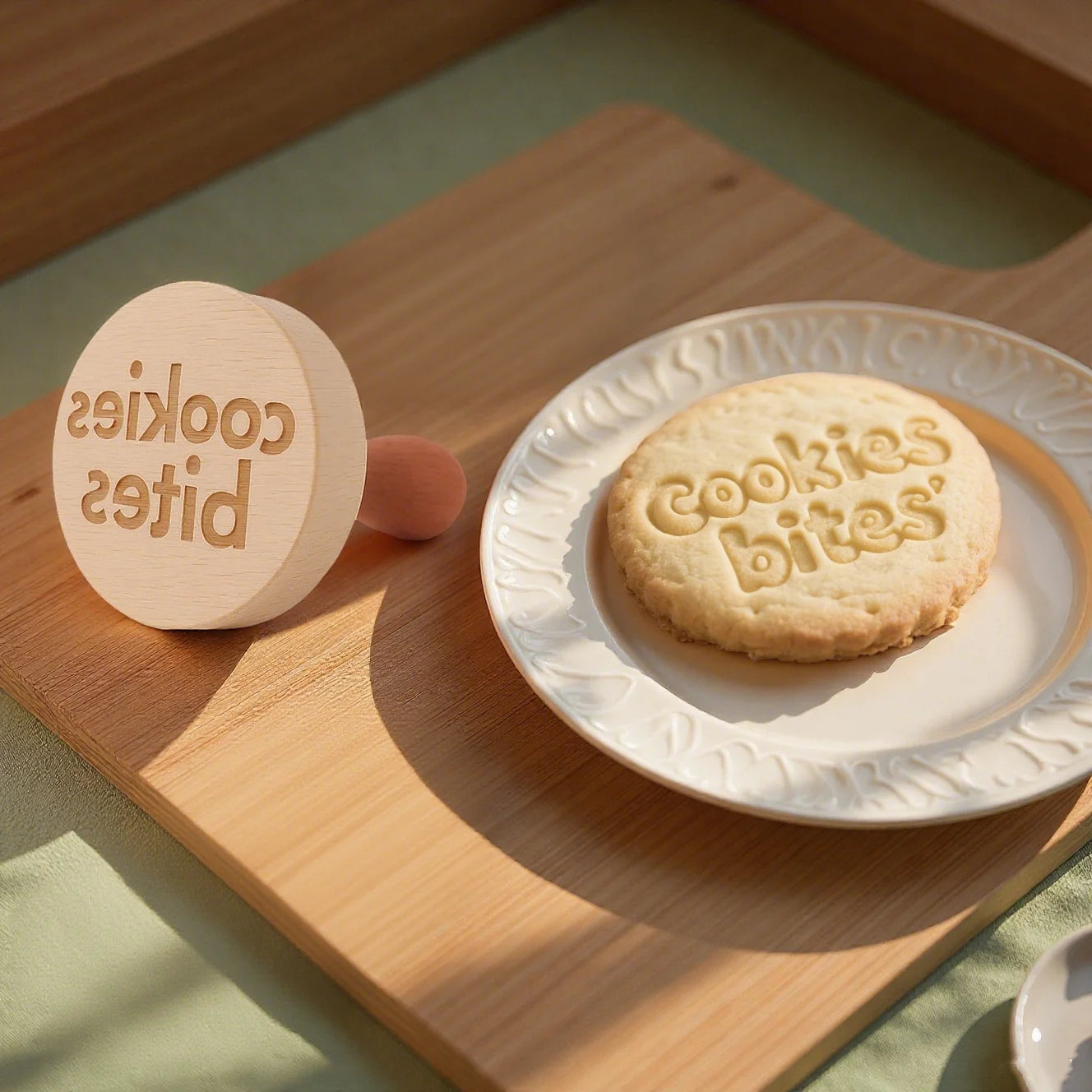 Sello de galletas personalizado de madera con cortador doble cara para crear galletas decoradas con nombres, logotipos o diseños únicos.