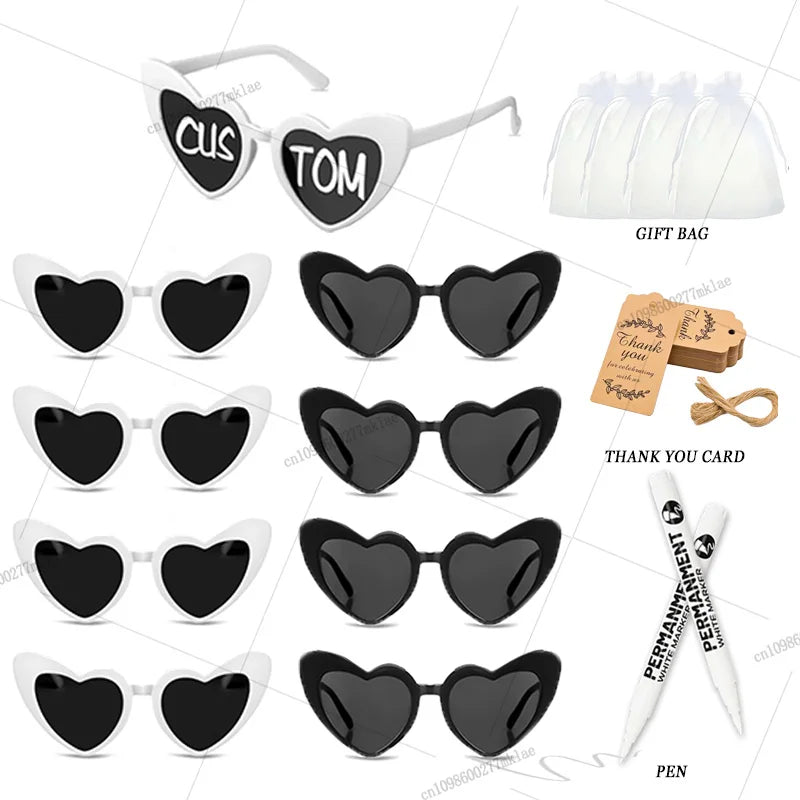 Gafas de corazón personalizables para boda y despedida de soltera con rotuladores DIY, perfectas como regalo para invitados y photocall.