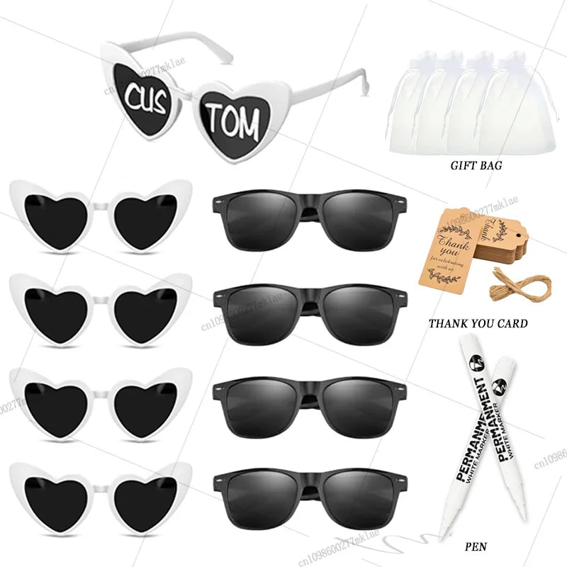 Gafas de corazón personalizables para boda y despedida de soltera con rotuladores DIY, perfectas como regalo para invitados y photocall.