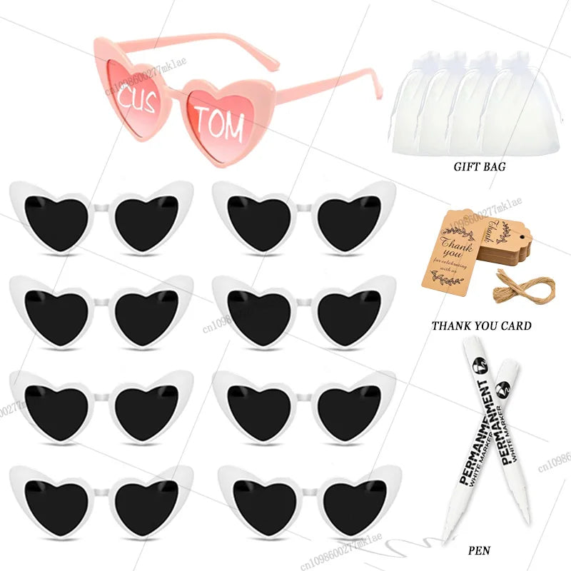 Gafas de corazón personalizables para boda y despedida de soltera con rotuladores DIY, perfectas como regalo para invitados y photocall.