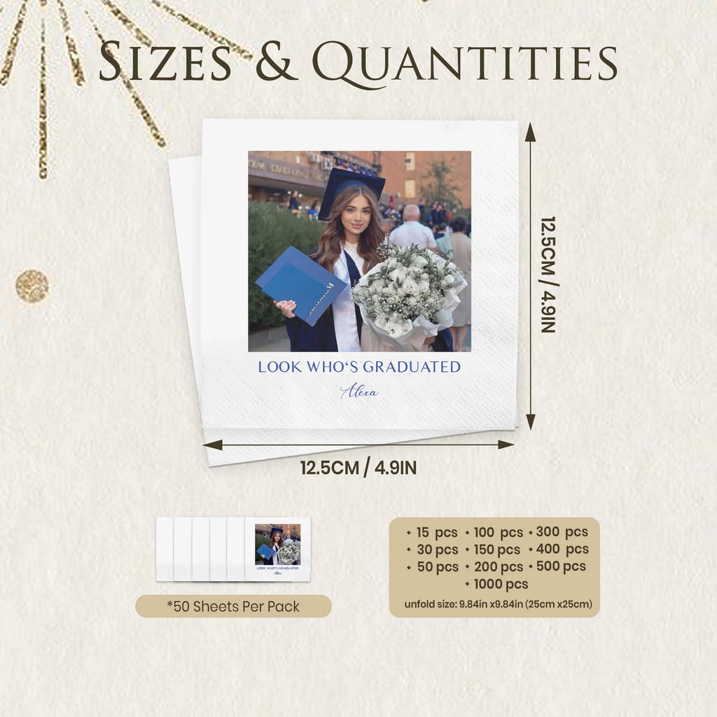 Servilletas personalizadas de graduación con diseño a medida, papel 3 capas biodegradables, ideales para fiestas de graduación, eventos escolares y decoración de mesa.