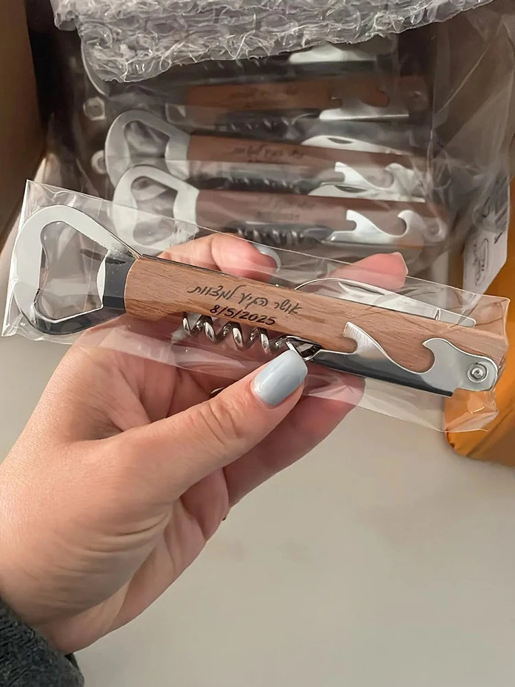 Sacacorchos de madera personalizados con grabado, recuerdos de boda elegantes, regalo funcional para invitados, aniversarios o fiestas especiales.