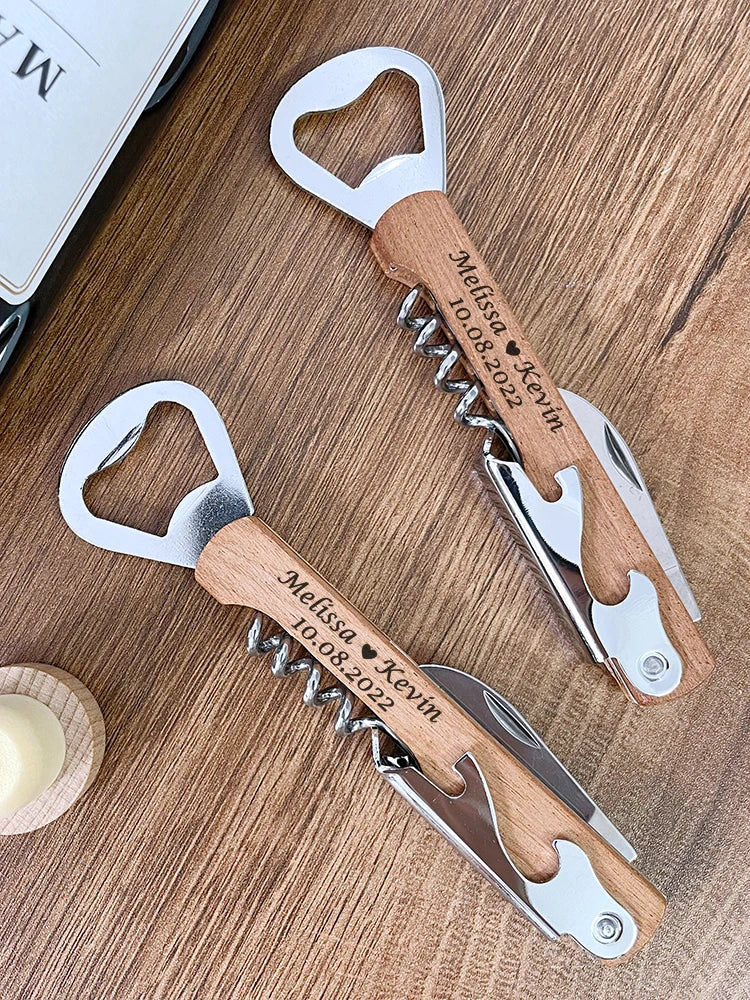 Sacacorchos de madera personalizados con grabado, recuerdos de boda elegantes, regalo funcional para invitados, aniversarios o fiestas especiales.