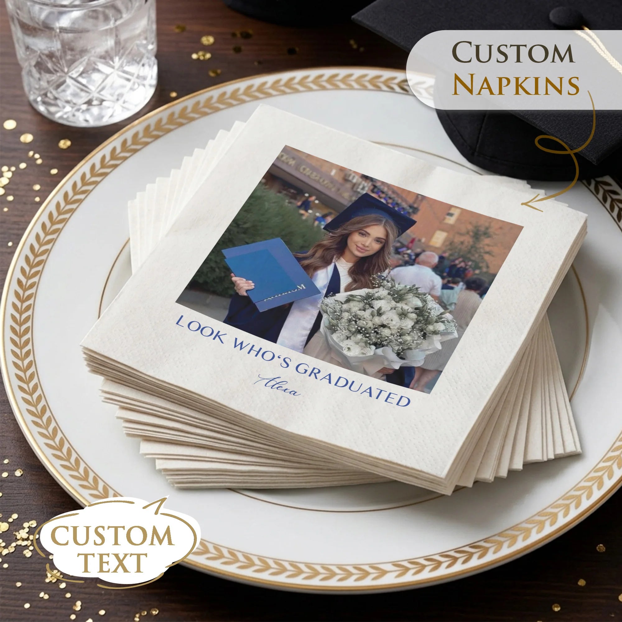 Servilletas personalizadas de graduación con diseño a medida, papel 3 capas biodegradables, ideales para fiestas de graduación, eventos escolares y decoración de mesa.
