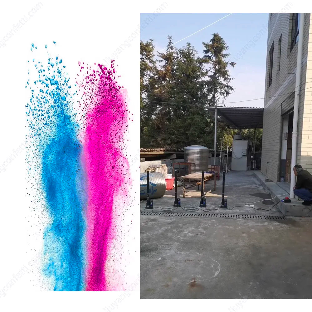 Cañón de humo y confeti para revelación de género con efecto visual para baby shower y fiesta de anuncio del bebé.