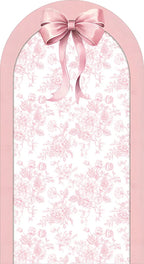 Fondo de arco personalizado rosa con lazo y flores, decoración para primer cumpleaños de niña, material spandex elástico, ideal para baby shower y fotografía de fiesta elegante.