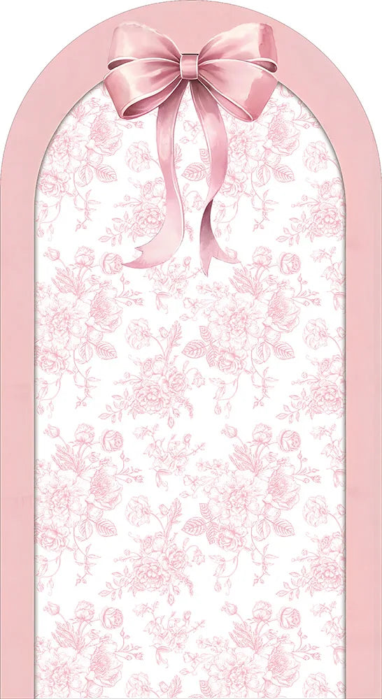Fondo de arco personalizado rosa con lazo y flores, decoración para primer cumpleaños de niña, material spandex elástico, ideal para baby shower y fotografía de fiesta elegante.