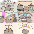 Fondo fotográfico de cumpleaños con gato gris cartoon, ideal para decoración de fiestas infantiles, baby shower y sesiones de fotografía.