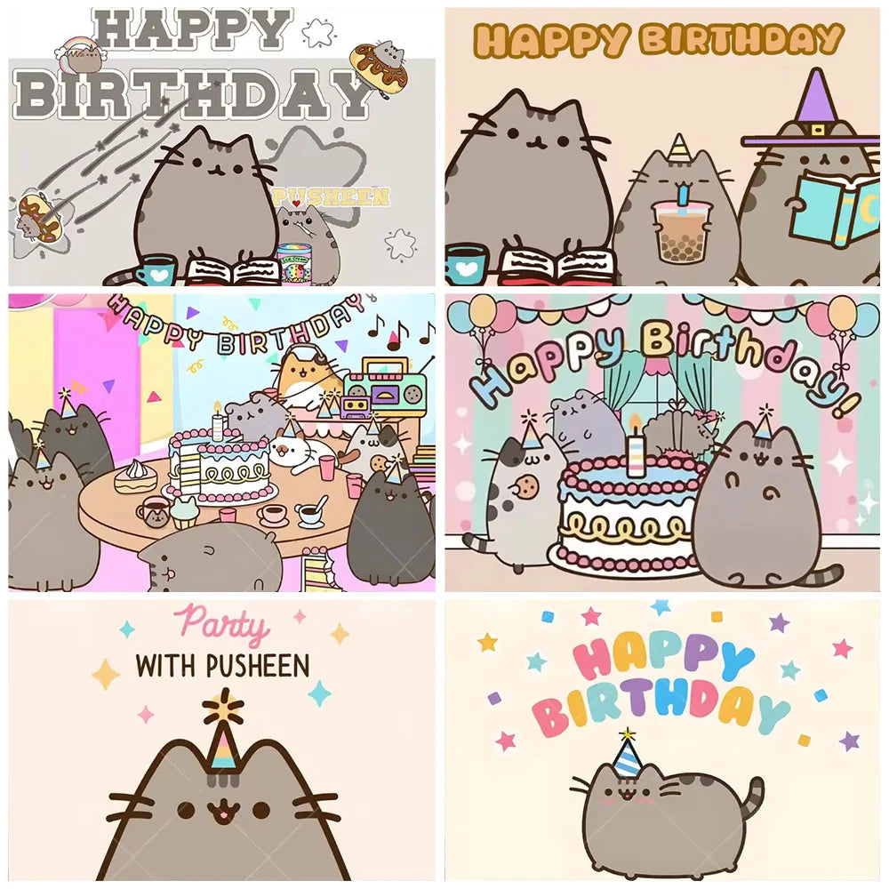 Fondo fotográfico de cumpleaños con gato gris cartoon, ideal para decoración de fiestas infantiles, baby shower y sesiones de fotografía.