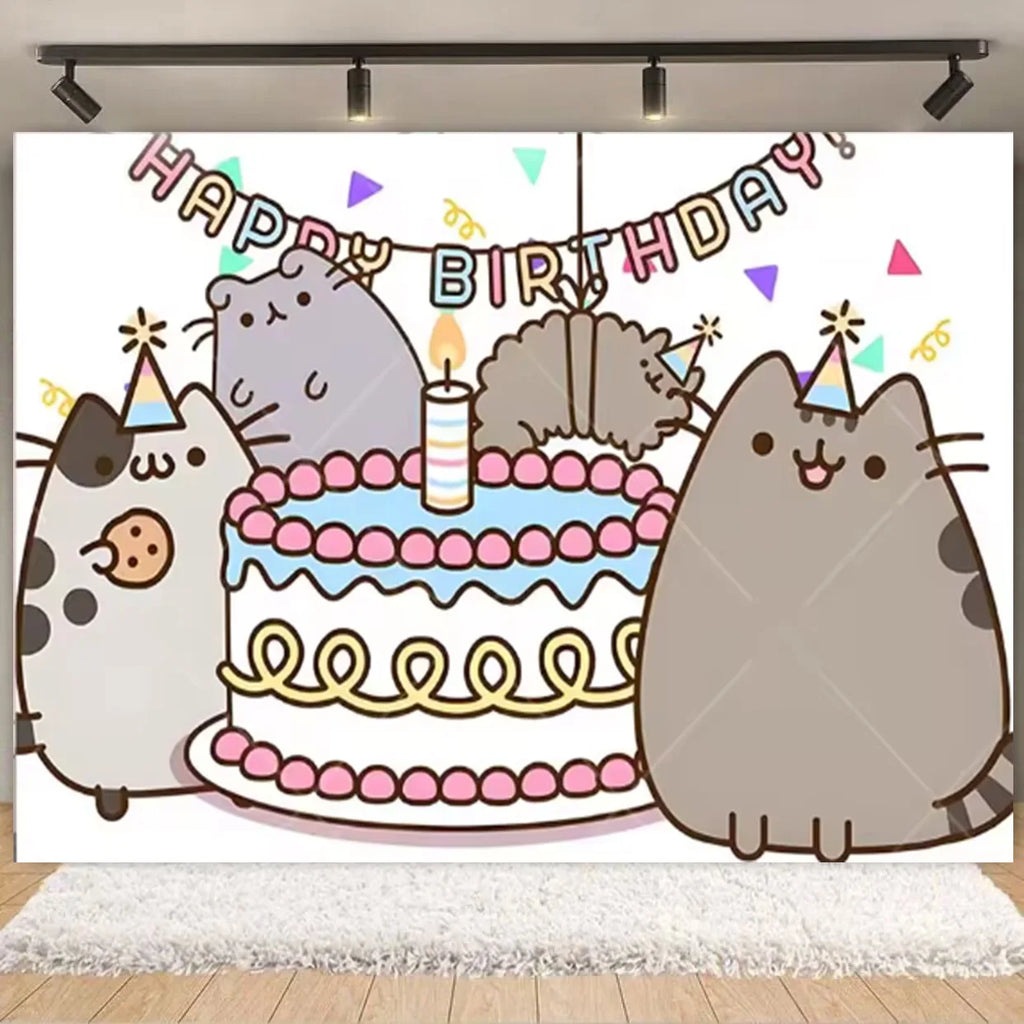 Fondo fotográfico de cumpleaños con gato gris cartoon, ideal para decoración de fiestas infantiles, baby shower y sesiones de fotografía.