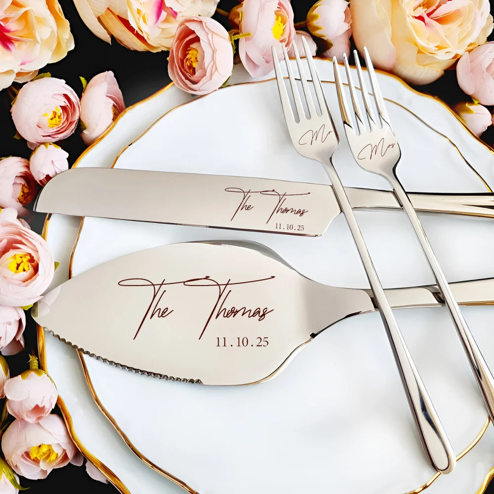 Set personalizado para cortar pastel de boda con grabado láser elegante