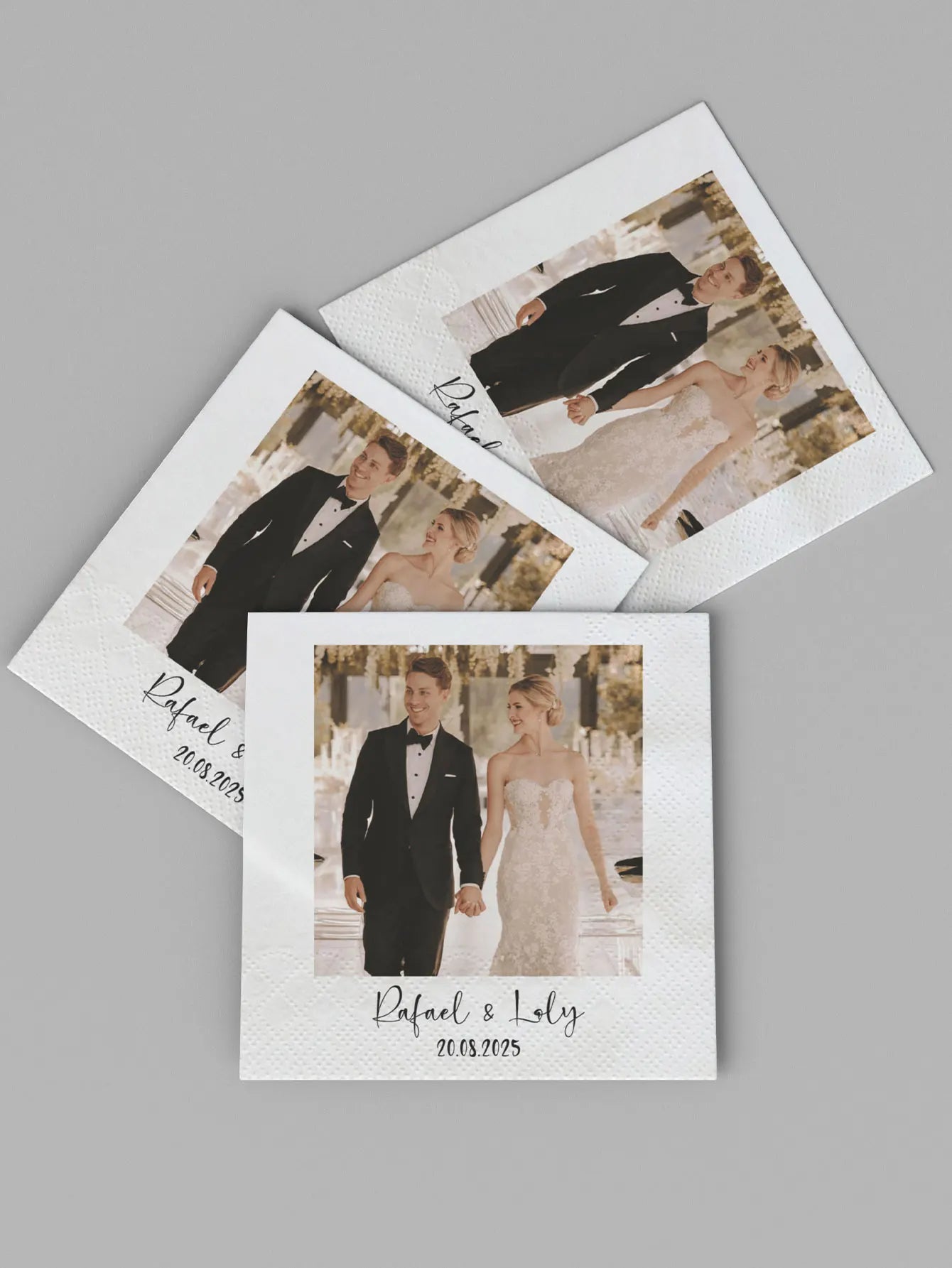 Servilletas personalizadas con foto de mascota o persona para boda, aniversario, fiesta de cumpleaños o evento especial con nombre y fecha impresos.