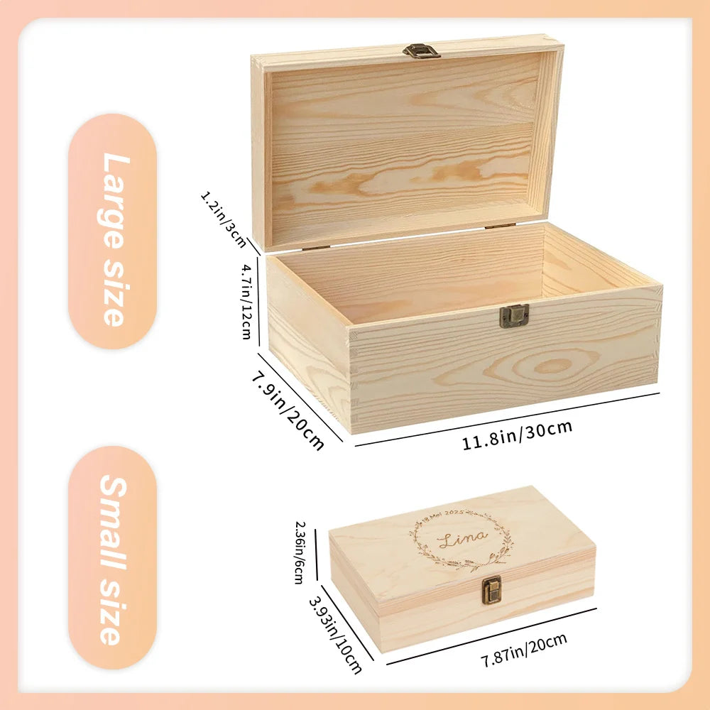 Caja de madera personalizada con tapa y cierre metálico para guardar recuerdos, fotografías, cartas, postales y regalos especiales.