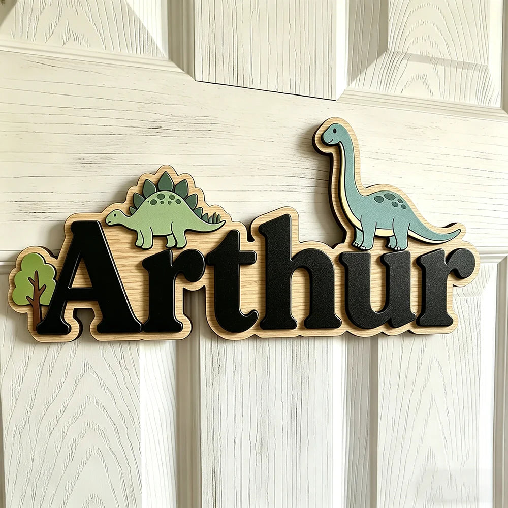 Cartel de madera personalizado con dinosaurios Stegosaurus y Brachiosaurus, decoración para habitación infantil, puerta o guardería, regalo único y adorable.