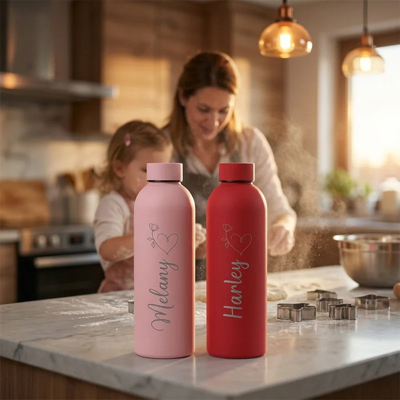 Vaso personalizado de acero inoxidable con nombre y logo grabado para bebidas, ideal para deportes, viajes y actividades al aire libre.