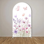 Fondo de arco personalizado con diseño de mariposas rosa y púrpura, decoración de cumpleaños para niña, ideal para fotografía de fiestas y baby shower elegante.