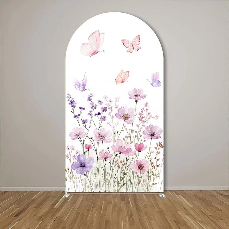 Fondo de arco personalizado con diseño de mariposas rosa y púrpura, decoración de cumpleaños para niña, ideal para fotografía de fiestas y baby shower elegante.