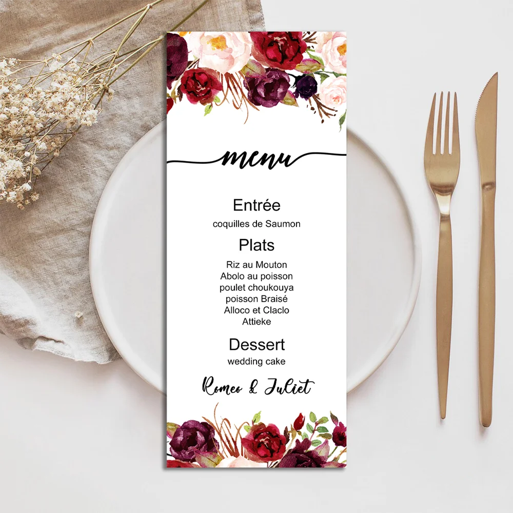 Tarjetas personalizadas para boda con RSVP, menú, agradecimiento e información adicional impresas en papel perlado de alta calidad.