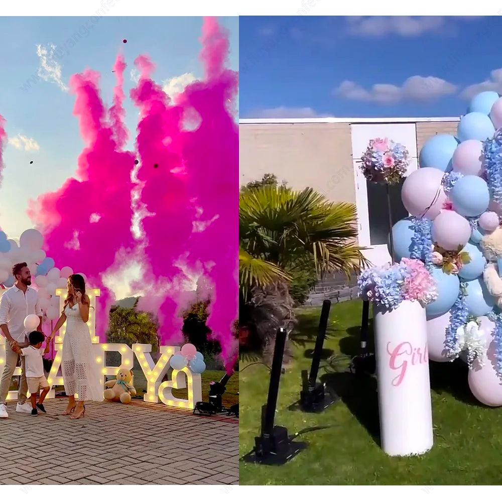 Cañón de humo y confeti para revelación de género con efecto visual para baby shower y fiesta de anuncio del bebé.