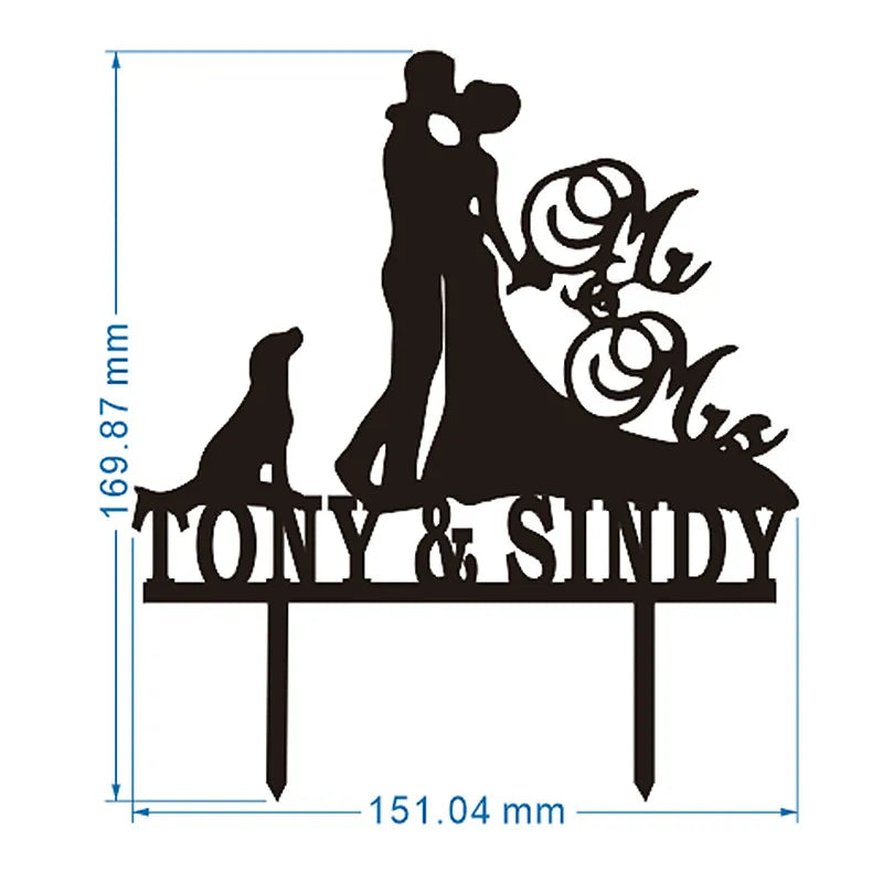 Cake topper personalizado Mr & Mrs con apellido para boda en acrílico o madera sobre pastel de celebración.