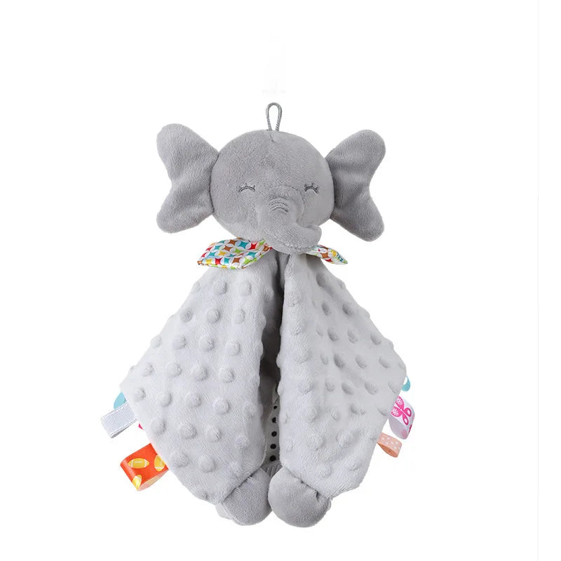 Manta de apego para bebé personalizada con nombre, diseño de elefante y mordedor de silicona, ideal para recién nacidos y niños pequeños.