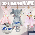 Manta de apego para bebé personalizada con nombre, diseño de elefante y mordedor de silicona, ideal para recién nacidos y niños pequeños.