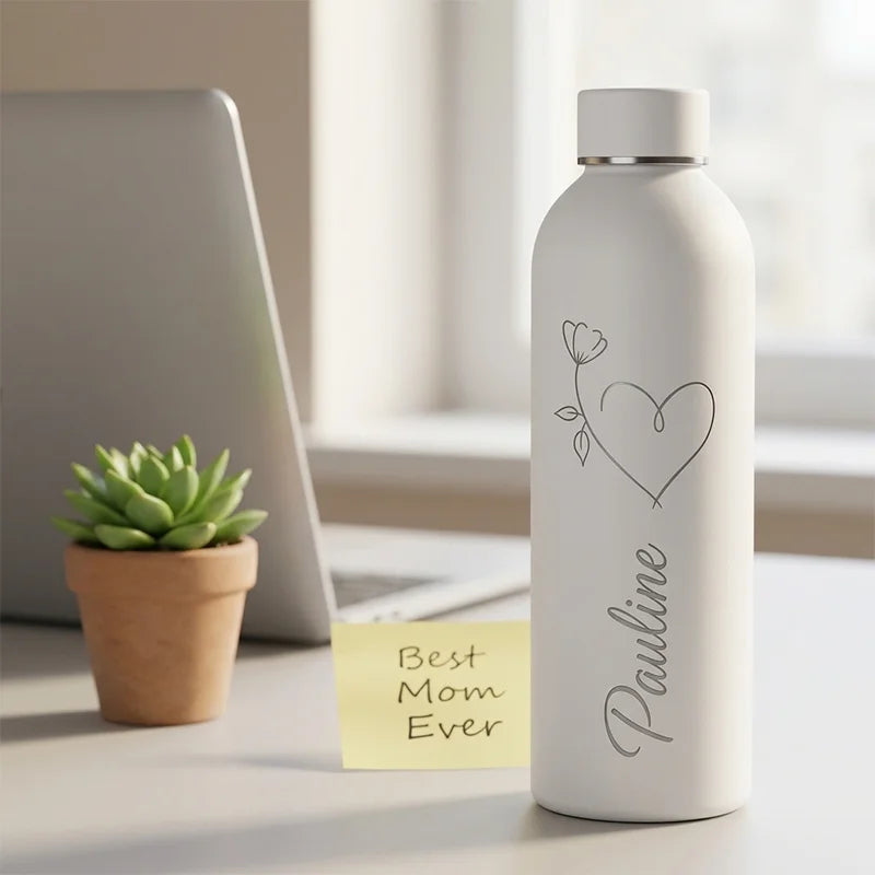 Vaso personalizado de acero inoxidable con nombre y logo grabado para bebidas, ideal para deportes, viajes y actividades al aire libre.