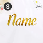 Pegatinas de nombre personalizadas en dorado efecto cristal con acabado elegante, adhesivo fuerte y diseño premium para bodas, regalos y decoración de negocios.