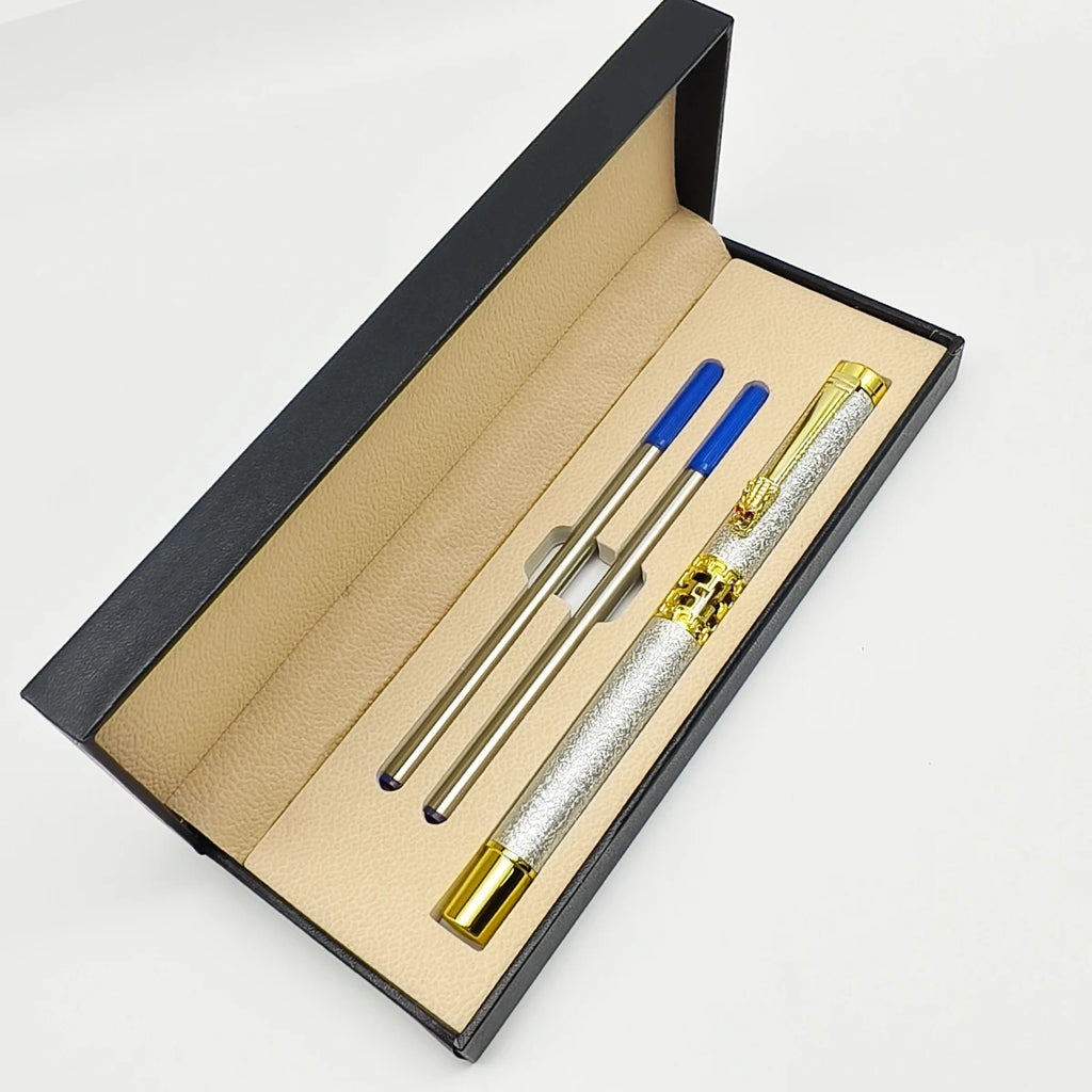 Bolígrafo metálico personalizado con diseño de dragón, grabado láser de nombre o logo, estilo elegante para negocios, firmas y regalos corporativos de lujo.