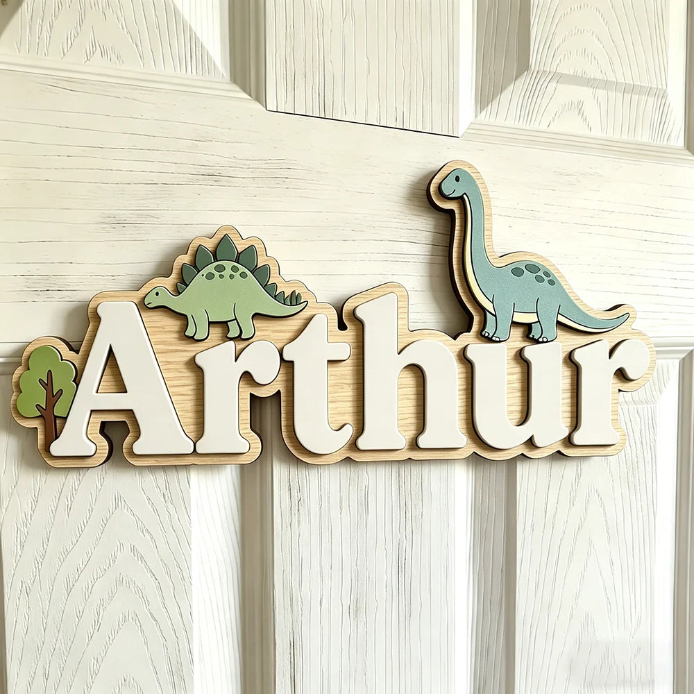 Cartel de madera personalizado con dinosaurios Stegosaurus y Brachiosaurus, decoración para habitación infantil, puerta o guardería, regalo único y adorable.