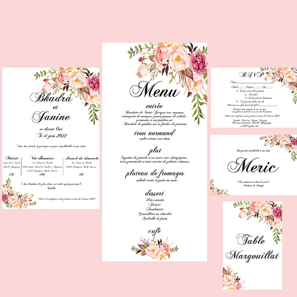 Tarjetas personalizadas para boda con RSVP, menú, agradecimiento e información adicional impresas en papel perlado de alta calidad.
