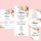 Tarjetas personalizadas para boda con RSVP, menú, agradecimiento e información adicional impresas en papel perlado de alta calidad.