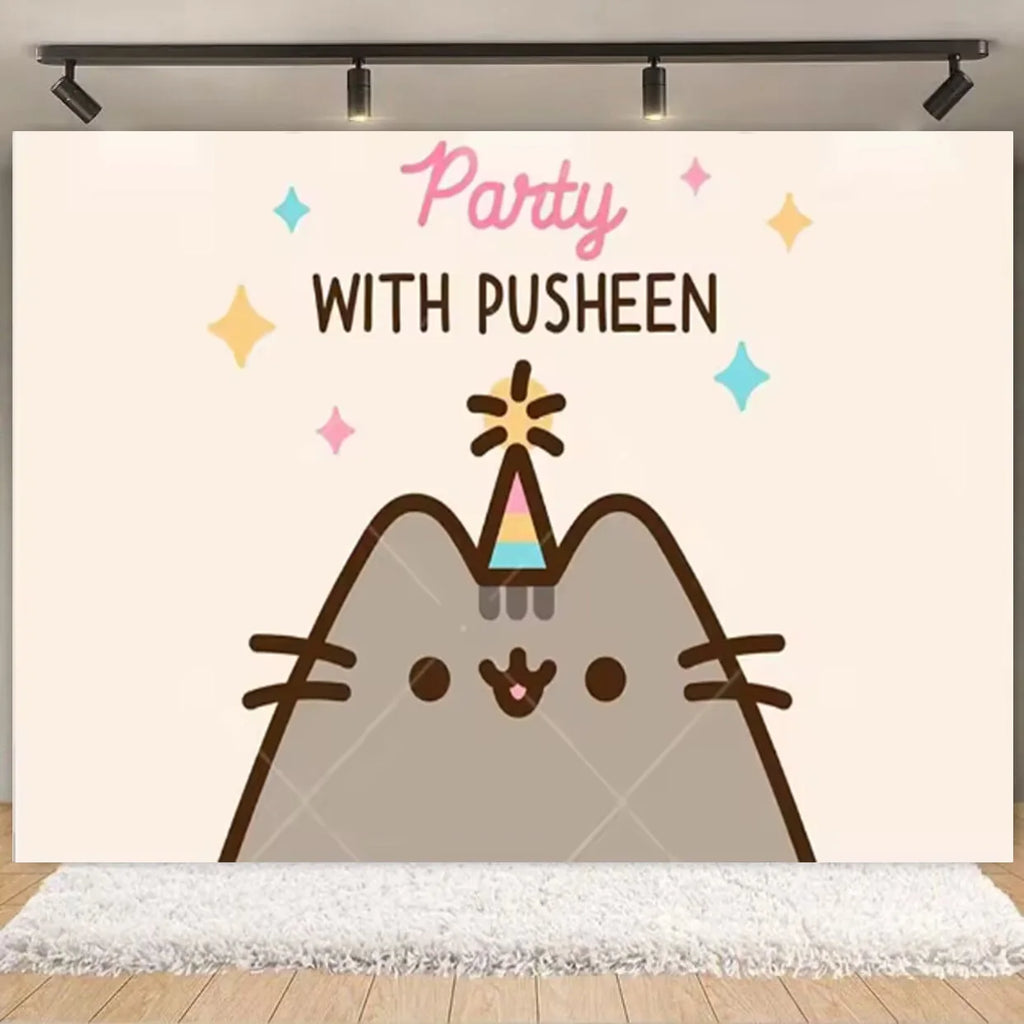 Cartoon Cute Fat Gray Cat Cake Happy Birthday Banner Custom Kid Birthday Party Decor Supplies Baby Shower Photography Background