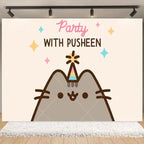 Cartoon Cute Fat Gray Cat Cake Happy Birthday Banner Custom Kid Birthday Party Decor Supplies Baby Shower Photography Background