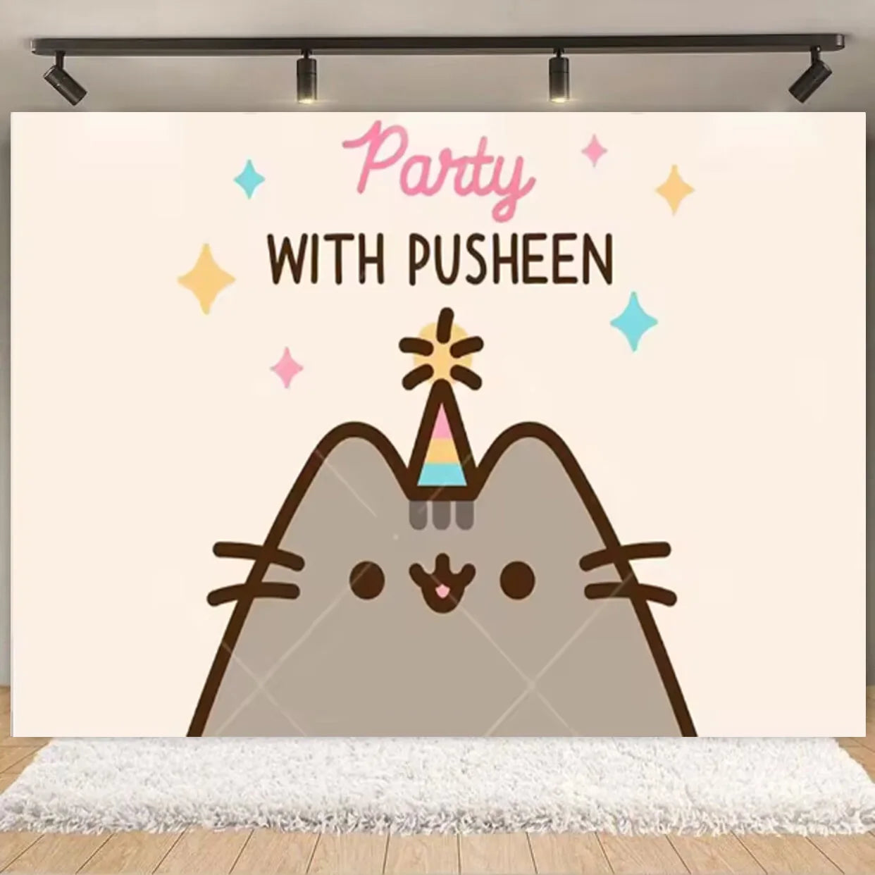 Cartoon Cute Fat Gray Cat Cake Happy Birthday Banner Custom Kid Birthday Party Decor Supplies Baby Shower Photography Background