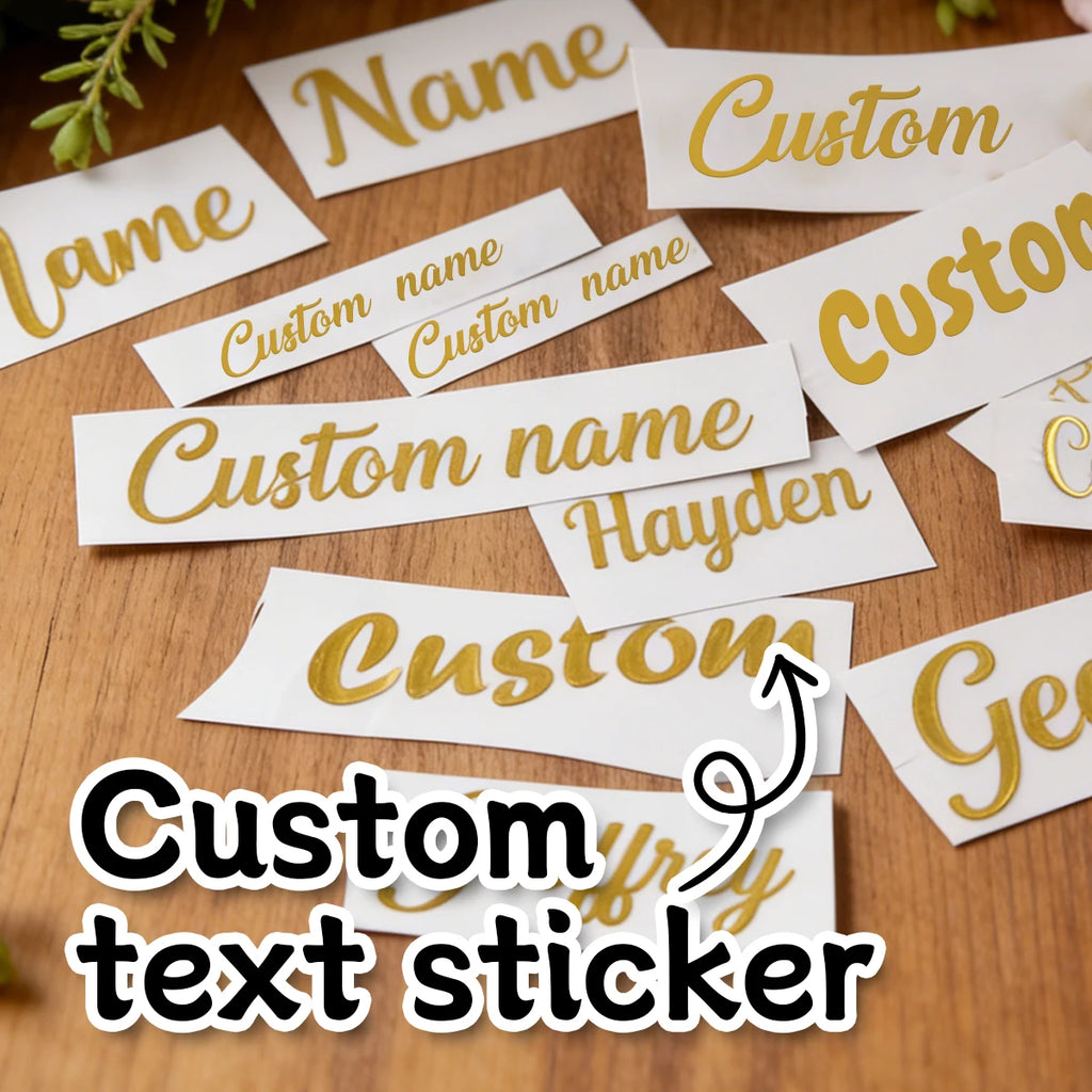 Pegatinas de nombre personalizadas en dorado efecto cristal con acabado elegante, adhesivo fuerte y diseño premium para bodas, regalos y decoración de negocios.