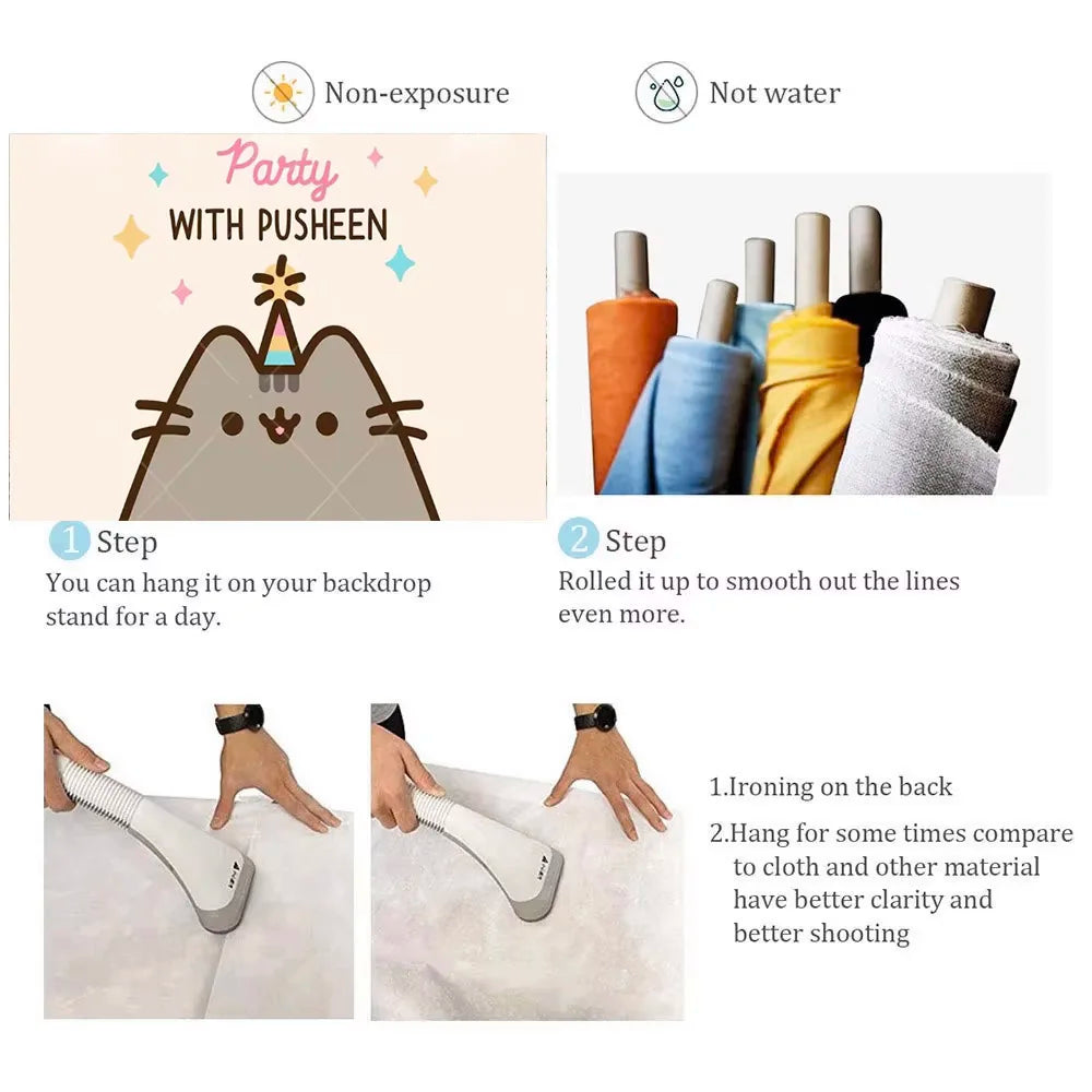 Fondo fotográfico de cumpleaños con gato gris cartoon, ideal para decoración de fiestas infantiles, baby shower y sesiones de fotografía.
