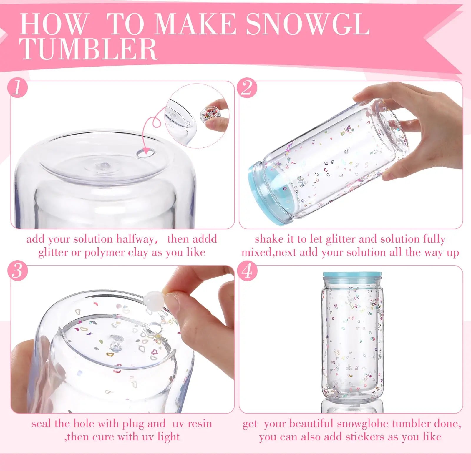 Vasos Snow Globe DIY 16oz para fiestas, con doble pared y agujero pre-perforado, perfectos para purpurina, confeti y manualidades creativas.
