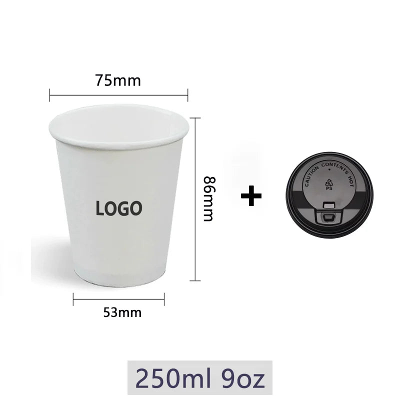 Vasos de papel personalizados de 250ml con nombre o logo, desechables y ecológicos, ideales para fiestas, bodas y eventos con diseño personalizado elegante.