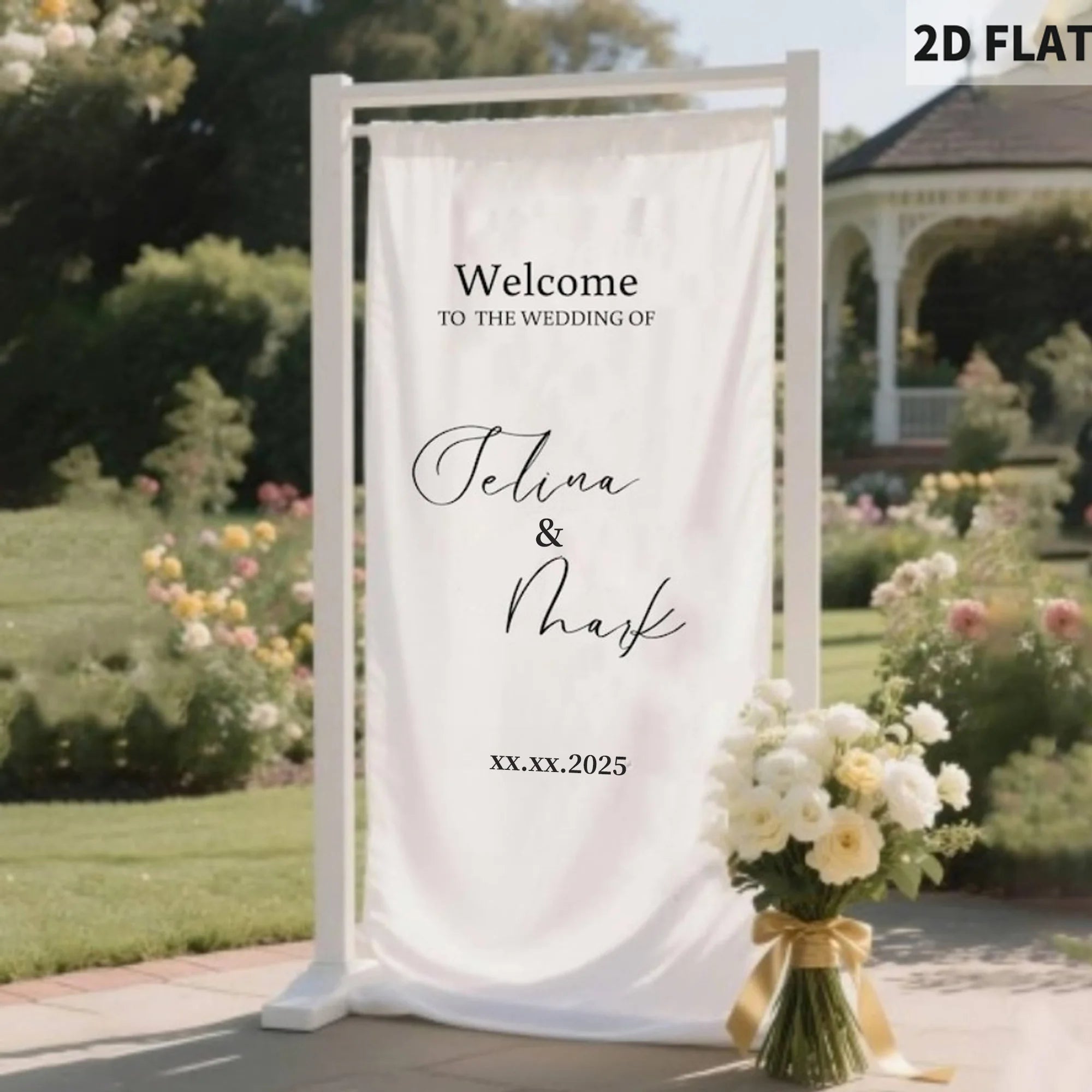 Banner de bienvenida para boda personalizado en tela de poliéster con diseño personalizado para ceremonias, recepciones y eventos especiales.