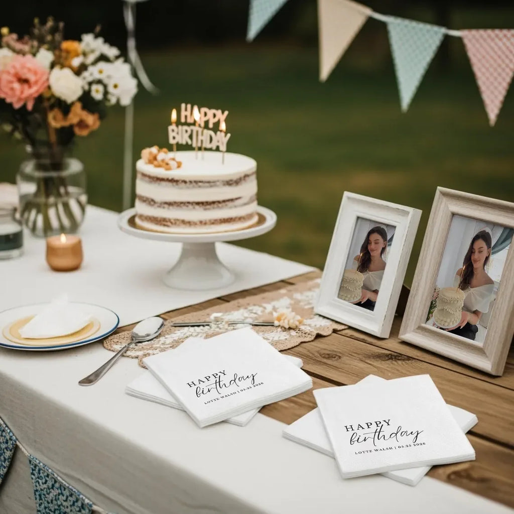 20 servilletas personalizadas para cumpleaños con texto personalizado, decoración elegante para fiestas, servilletas de papel para todas las edades.