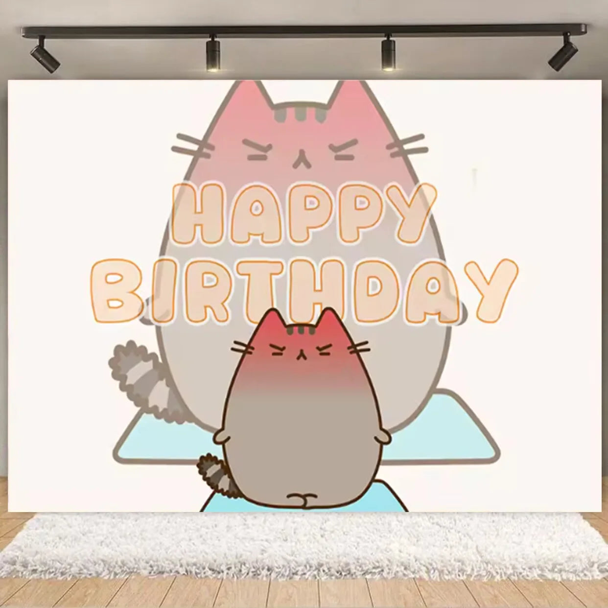 Fondo fotográfico de cumpleaños con gato gris cartoon, ideal para decoración de fiestas infantiles, baby shower y sesiones de fotografía.