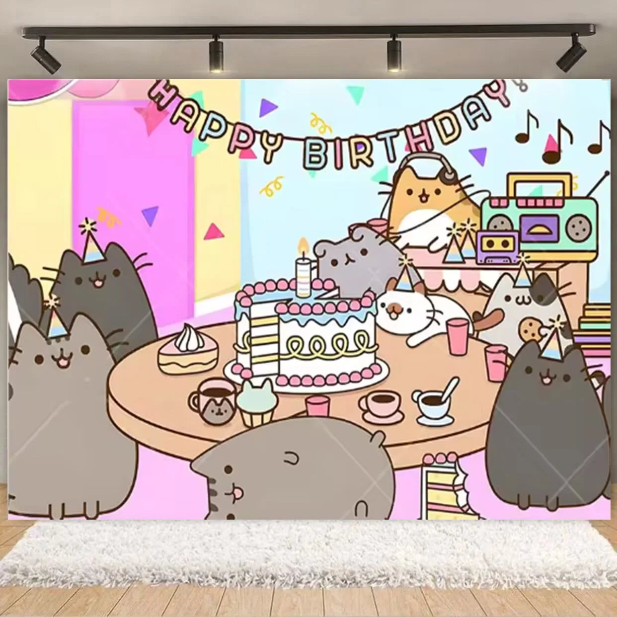 Fondo fotográfico de cumpleaños con gato gris cartoon, ideal para decoración de fiestas infantiles, baby shower y sesiones de fotografía.